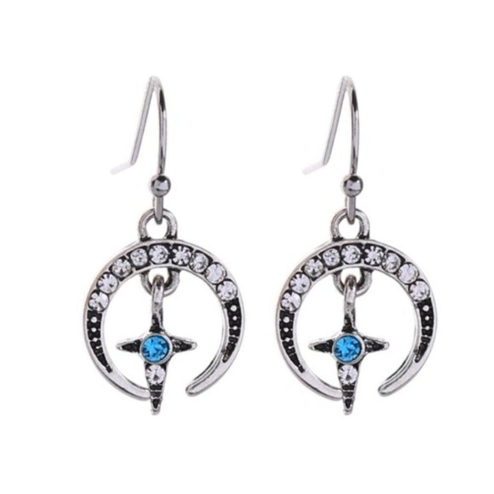 Moon Cross Blue & White Crystal Silver Vintage Hook Delicate Dangle Earrings